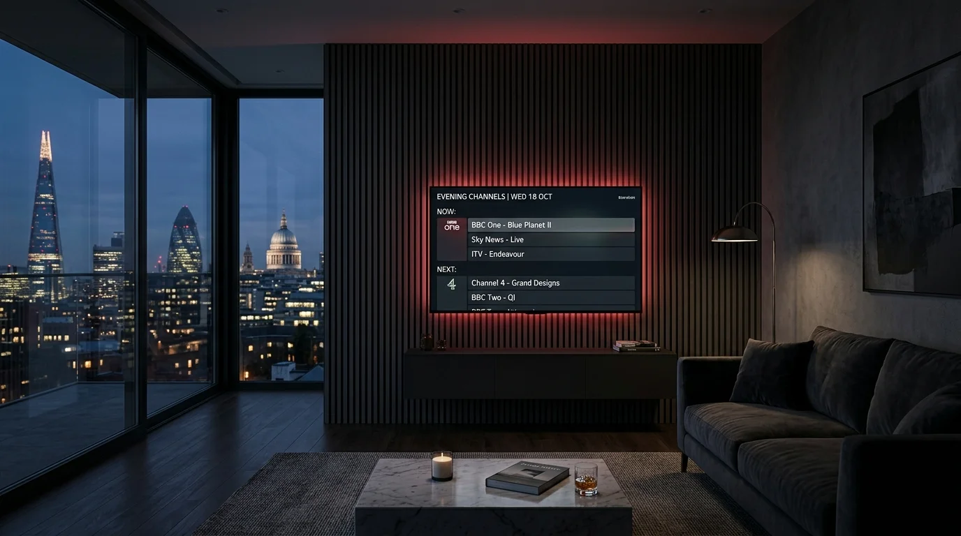Best IPTV 2026 UK subscription streaming on 4K OLED TV in modern home entertainment lounge