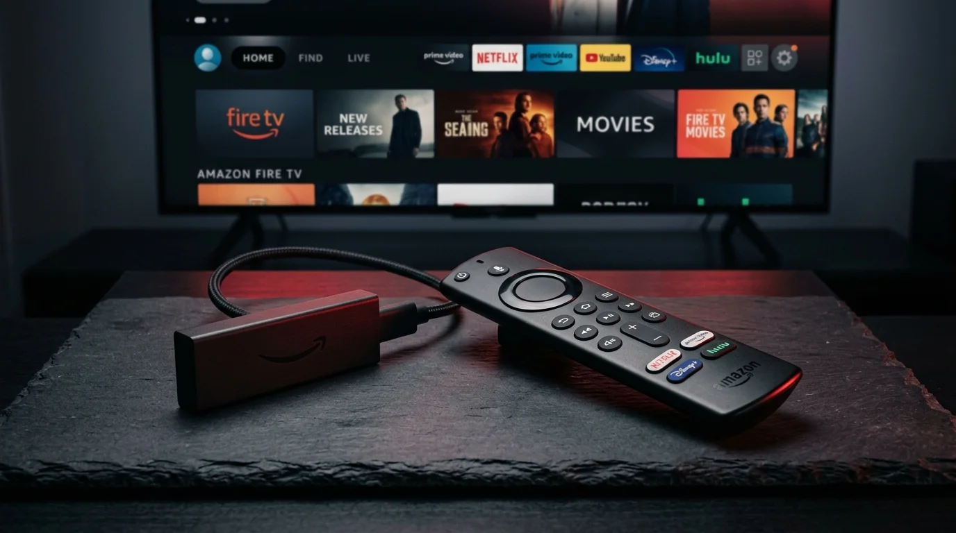 Amazon Fire TV Stick 4K with Alexa Voice Remote and IPTV streaming app setup on modern dark slate surface