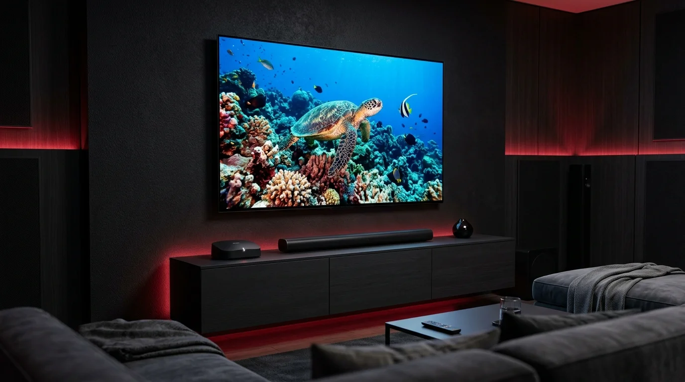 Ultra HD 4K IPTV streaming on large OLED display with high-speed fibre broadband router in modern luxury setting