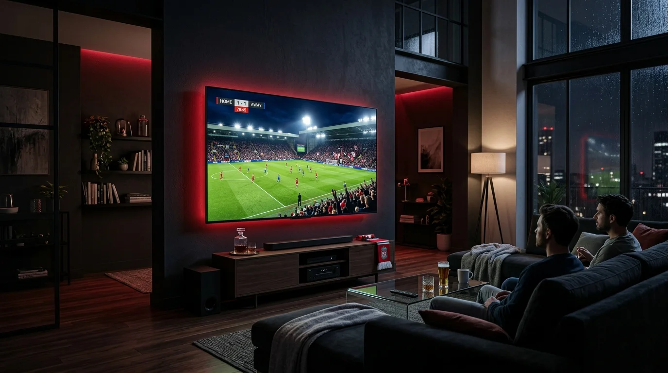 Live Premier League football broadcast on 4K OLED TV in modern UK sports viewing lounge