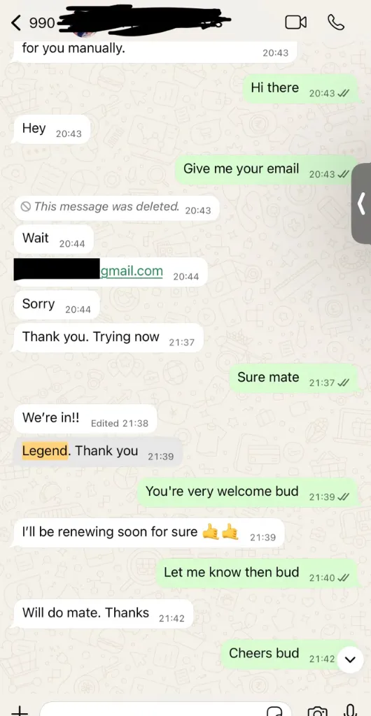 Real WhatsApp chat of UK subscriber logging in for weekend sports: We are in! Legend. Thank you